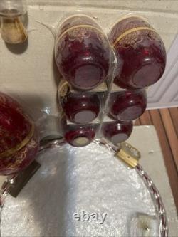 NOS Murano Tre Fuochi Ruby Red Glass Decanter Set & Tray Unopened 24k Gold