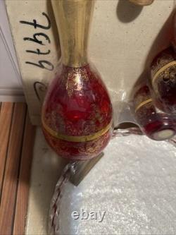NOS Murano Tre Fuochi Ruby Red Glass Decanter Set & Tray Unopened 24k Gold