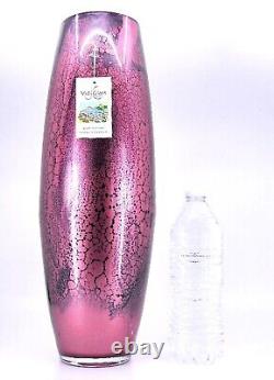 NWT Murano Style Vidi Italy Hand Blown Pink/Blk Streaked Art Glass Vase 16.25H