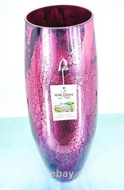 NWT Murano Style Vidi Italy Hand Blown Pink/Blk Streaked Art Glass Vase 16.25H