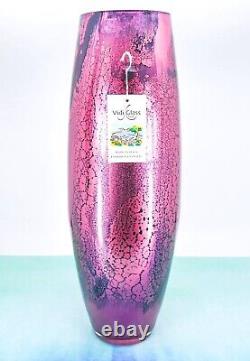 NWT Murano Style Vidi Italy Hand Blown Pink/Blk Streaked Art Glass Vase 16.25H