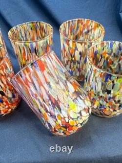 New 6 Murano Art Glass Tumblers Hand Blown Colorful Highball Water Glasses Italy