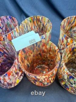 New 6 Murano Art Glass Tumblers Hand Blown Colorful Highball Water Glasses Italy