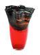 New 9 Hand Blown Glass Art Vase Red Black Handkerchief Ruffle Fluted Decorative