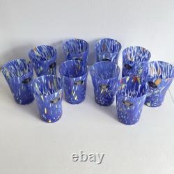 New. Murano Glass Drinking Tumbler Blue Confetti Hand Blown Italy Set of 10