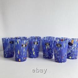 New. Murano Glass Drinking Tumbler Blue Confetti Hand Blown Italy Set of 10