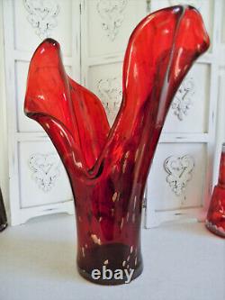 Newhuge Italian Murano Red Art Glass Hand Blown Stretch Vasegold Flakescoa