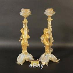 Outstanding vintage pair of huge Murano glass candle holders angels gold opaque