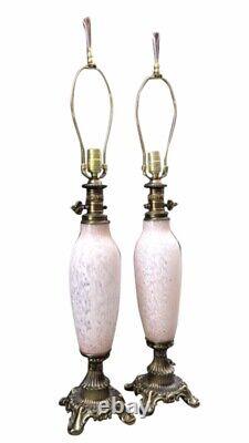 PINK 1930s RARE MURANO Glass Hand Blown Lamps Pair Cotton Candy Look Art Deco