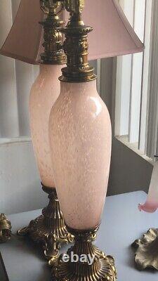 PINK 1930s RARE MURANO Glass Hand Blown Lamps Pair Cotton Candy Look Art Deco