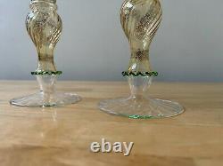 Pair 2 VINTAGE MURANO ITALY VENETIAN ART GLASS GOBLET CHALICE Goblet Green/Gold