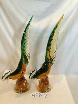 Pair Archimede Seguso Murano Art Glass Pheasant Sculptures 16t Mid C Mod PERFCT