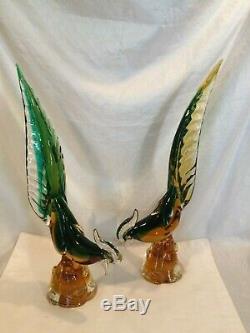 Pair Archimede Seguso Murano Art Glass Pheasant Sculptures 16t Mid C Mod PERFCT