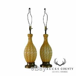 Pair Hand Blown Murano Table Lamps Lobed Gourd Shape, Amber/White Twist Glass