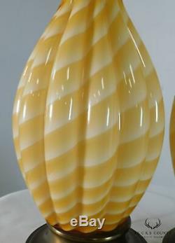 Pair Hand Blown Murano Table Lamps Lobed Gourd Shape, Amber/White Twist Glass