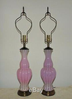 Pair Italian Murano Glass Table Lamps Pink with Gold Flecks Venetian Mid Century