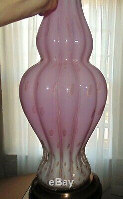 Pair Italian Murano Glass Table Lamps Pink with Gold Flecks Venetian Mid Century