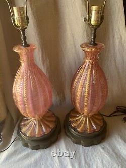 Pair Italian Murano Venetian CORDONATO D'ORO Glass Table Lamp Barovier Toso Vntg