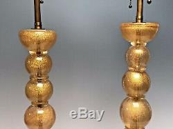 Pair Murano Art Glass Graduating Sphere Shape Table Lamps Clear & Gold Flakes