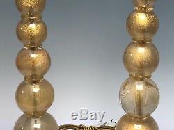 Pair Murano Art Glass Graduating Sphere Shape Table Lamps Clear & Gold Flakes