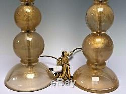 Pair Murano Art Glass Graduating Sphere Shape Table Lamps Clear & Gold Flakes