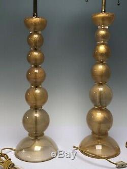 Pair Murano Art Glass Graduating Sphere Shape Table Lamps Clear & Gold Flakes