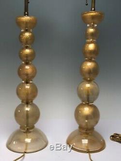 Pair Murano Art Glass Graduating Sphere Shape Table Lamps Clear & Gold Flakes