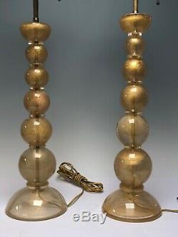 Pair Murano Art Glass Graduating Sphere Shape Table Lamps Clear & Gold Flakes