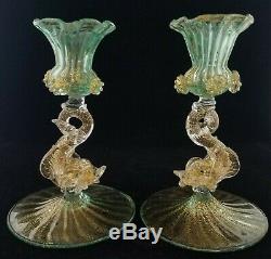 Pair Murano Glass Green & Gold Dolphin Candlestick Holders, Salviati Toso