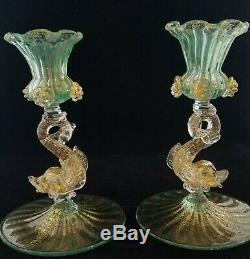 Pair Murano Glass Green & Gold Dolphin Candlestick Holders, Salviati Toso