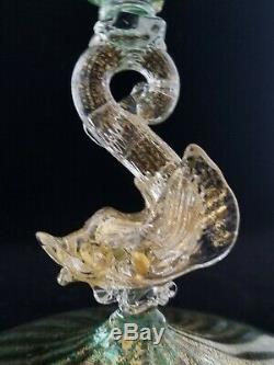 Pair Murano Glass Green & Gold Dolphin Candlestick Holders, Salviati Toso