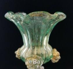 Pair Murano Glass Green & Gold Dolphin Candlestick Holders, Salviati Toso