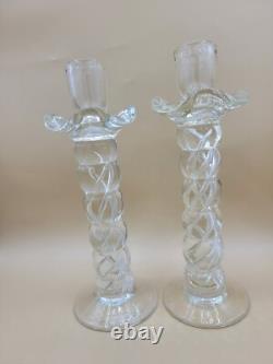 Pair Murano Glass Venetian Hand Blown Clear Candlesticks 10.5 Air Twist Helix