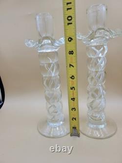 Pair Murano Glass Venetian Hand Blown Clear Candlesticks 10.5 Air Twist Helix