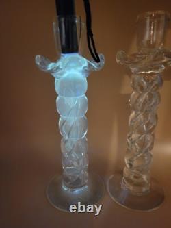 Pair Murano Glass Venetian Hand Blown Clear Candlesticks 10.5 Air Twist Helix