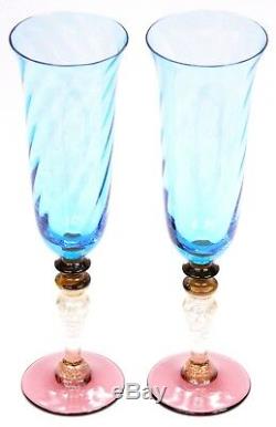 Pair Murano Nason Moretti Giulia Champagne Flutes Glasses Blue Glass Wine