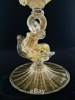 Pair Murano Venetian Glass Gold Dolphin Candlestick Holders, Salviati or Toso