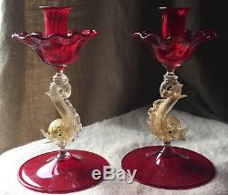 Pair Murano Venetian Glass Salviati Ruby Red Dolphin Candlesticks Candle Holders