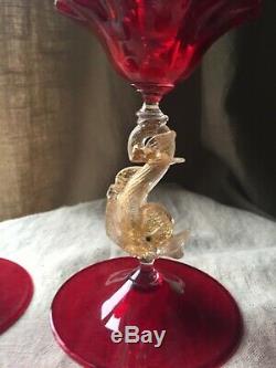 Pair Murano Venetian Glass Salviati Ruby Red Dolphin Candlesticks Candle Holders