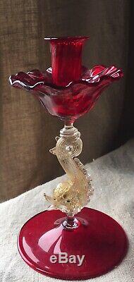 Pair Murano Venetian Glass Salviati Ruby Red Dolphin Candlesticks Candle Holders