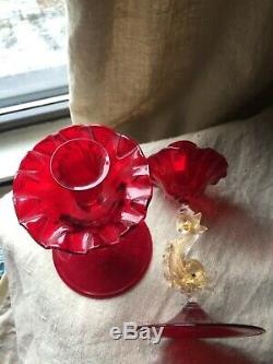 Pair Murano Venetian Glass Salviati Ruby Red Dolphin Candlesticks Candle Holders