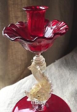 Pair Murano Venetian Glass Salviati Ruby Red Dolphin Candlesticks Candle Holders