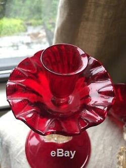 Pair Murano Venetian Glass Salviati Ruby Red Dolphin Candlesticks Candle Holders