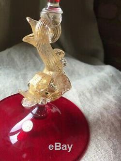 Pair Murano Venetian Glass Salviati Ruby Red Dolphin Candlesticks Candle Holders