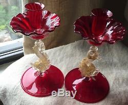 Pair Murano Venetian Glass Salviati Ruby Red Dolphin Candlesticks Candle Holders