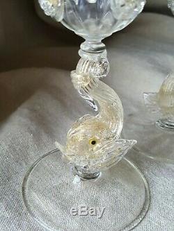 Pair Murano Venetian Glass by Salviati Gold Aventurine Dolphin Candlesticks
