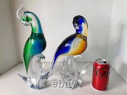 Pair Murano Vintage Art Glass 12-13 inch Parrot Figurines Solid Hand Blown MCM