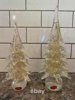 Pair Of FLAWLESS Murano Italy CHRISTMAS TREE Art Glass Gold Crystal Tier Clear