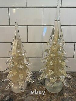 Pair Of FLAWLESS Murano Italy CHRISTMAS TREE Art Glass Gold Crystal Tier Clear