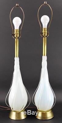 Pair Of Murano Opalescent Spiral Tear Drop Hand Blown Glass Table Lamps Vintage